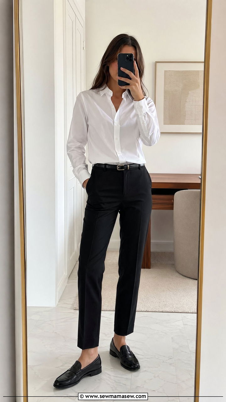 White Button Down Shirt with Tailored Black Trousers and Loafers - 35 workwear outfit ideas for women