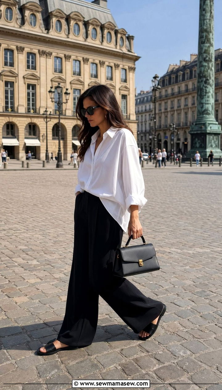 White Button Down Shirt with Wide Leg Trousers - 35 Parisian travel outfits