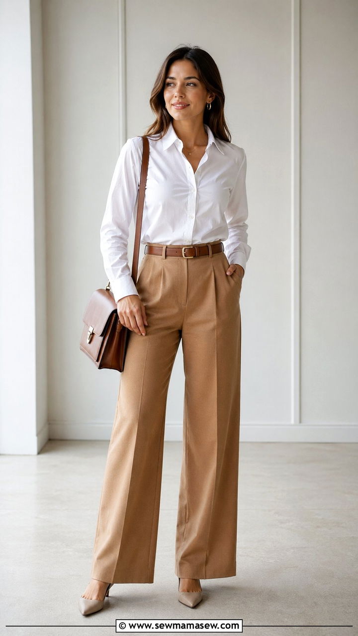 White Button Down Shirt with Wide Leg Trousers - 30 Workwear capsule wardrobe
