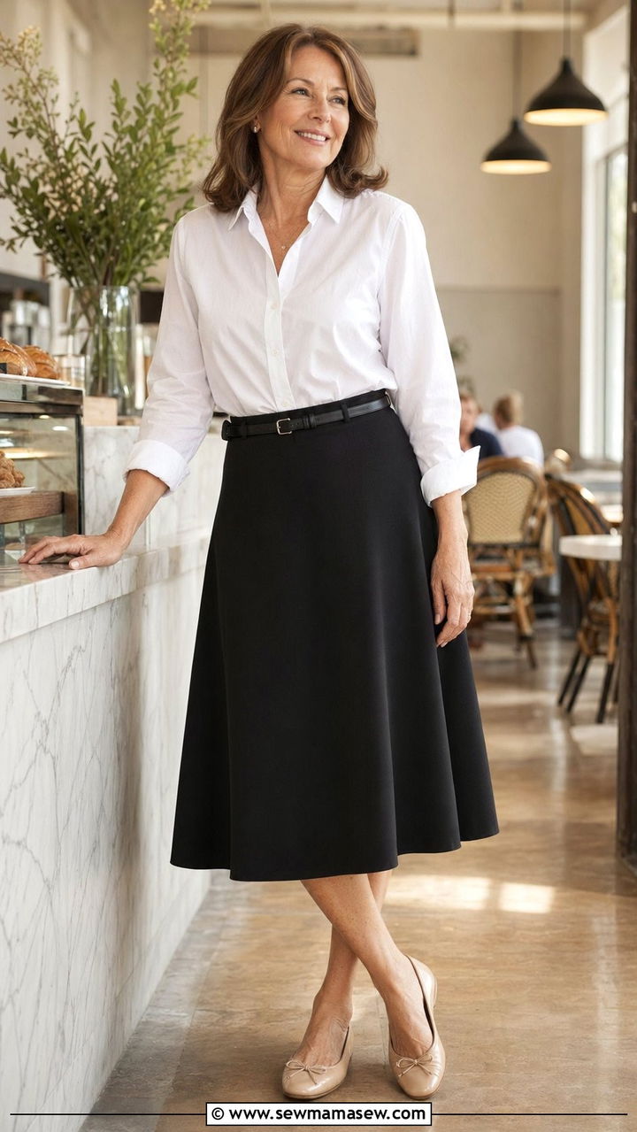 White Button Down Tucked Into an A Line Midi Skirt with Belt - 35 Parisian outfits for women over 50