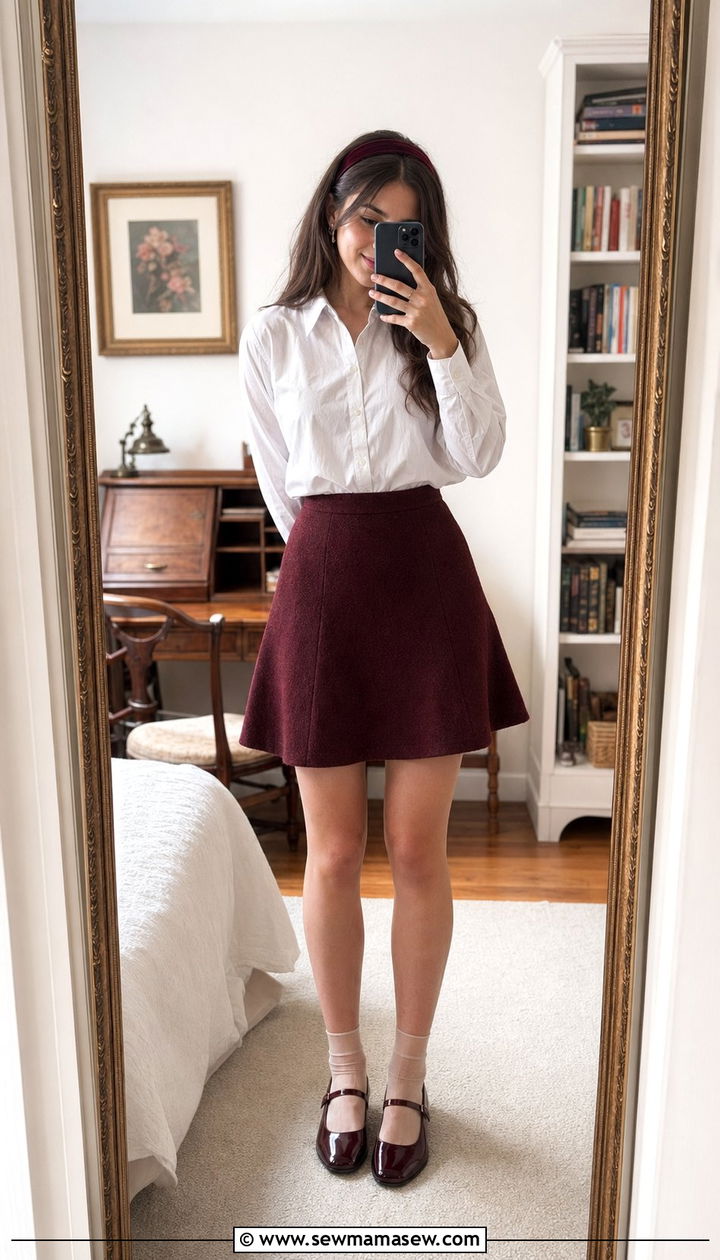 White Button Down Tucked into A Line Skirt with Mary Janes - 35 Preppy outfit ideas