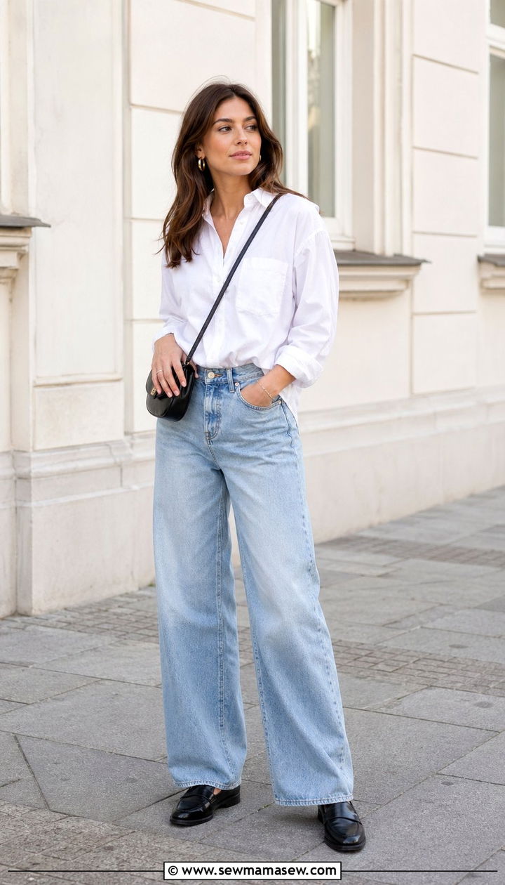 White Button Down With Baggy Jeans and Leather Loafers - 30 Baggy jeans outfit ideas with loafers