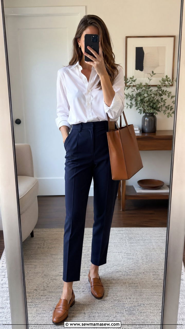 White Button Down With High Waisted Pants - 35 spring office casual outfit ideas