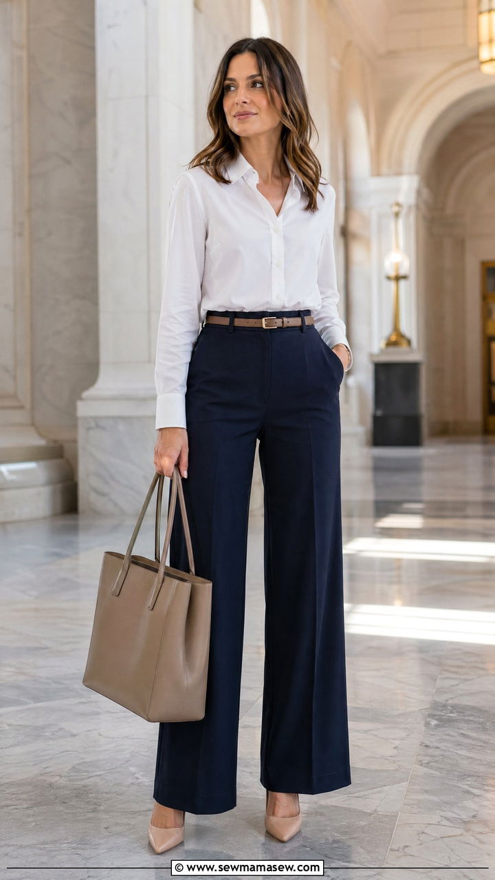 White Button Down With Navy Wide Leg Pants Court - 35 Courtroom outfit ideas