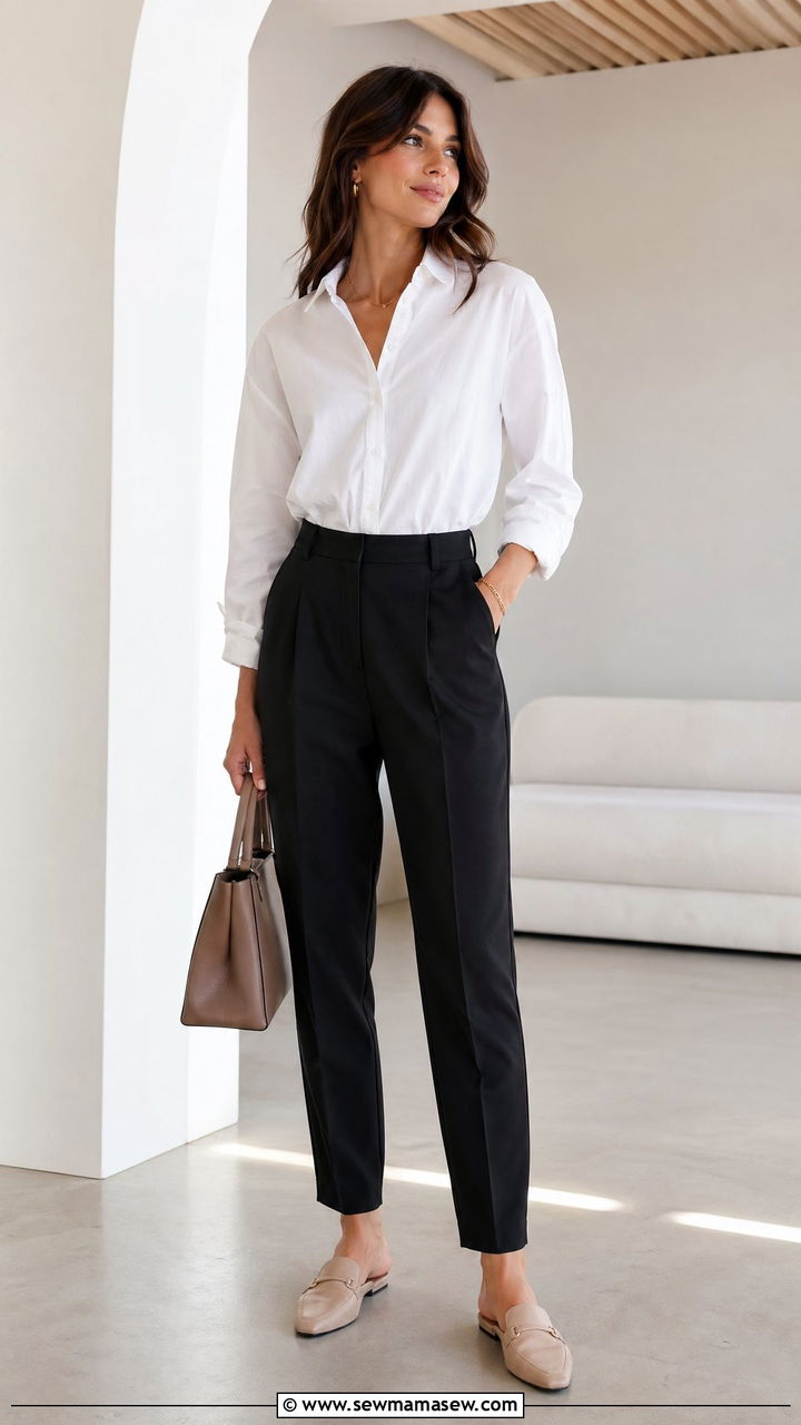 White Button Down With Trousers and Mules - 35 transitional outfit ideas for women