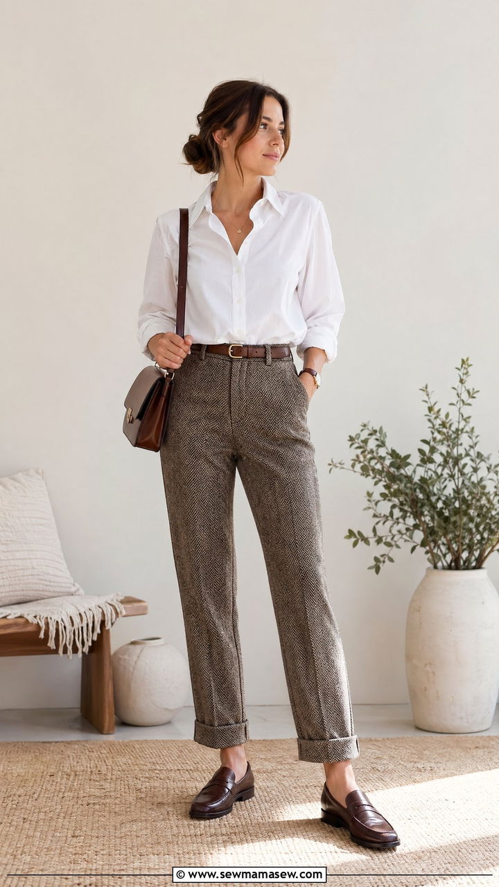 White Button Down With Tweed Trousers and Loafers - 35 transitional old money outfit ideas