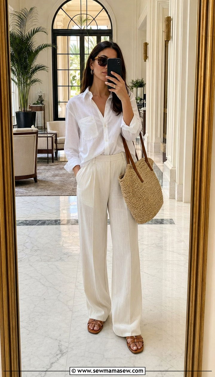 White Button Down With Wide Leg Linen Pants - 35 Quiet luxury travel outfits