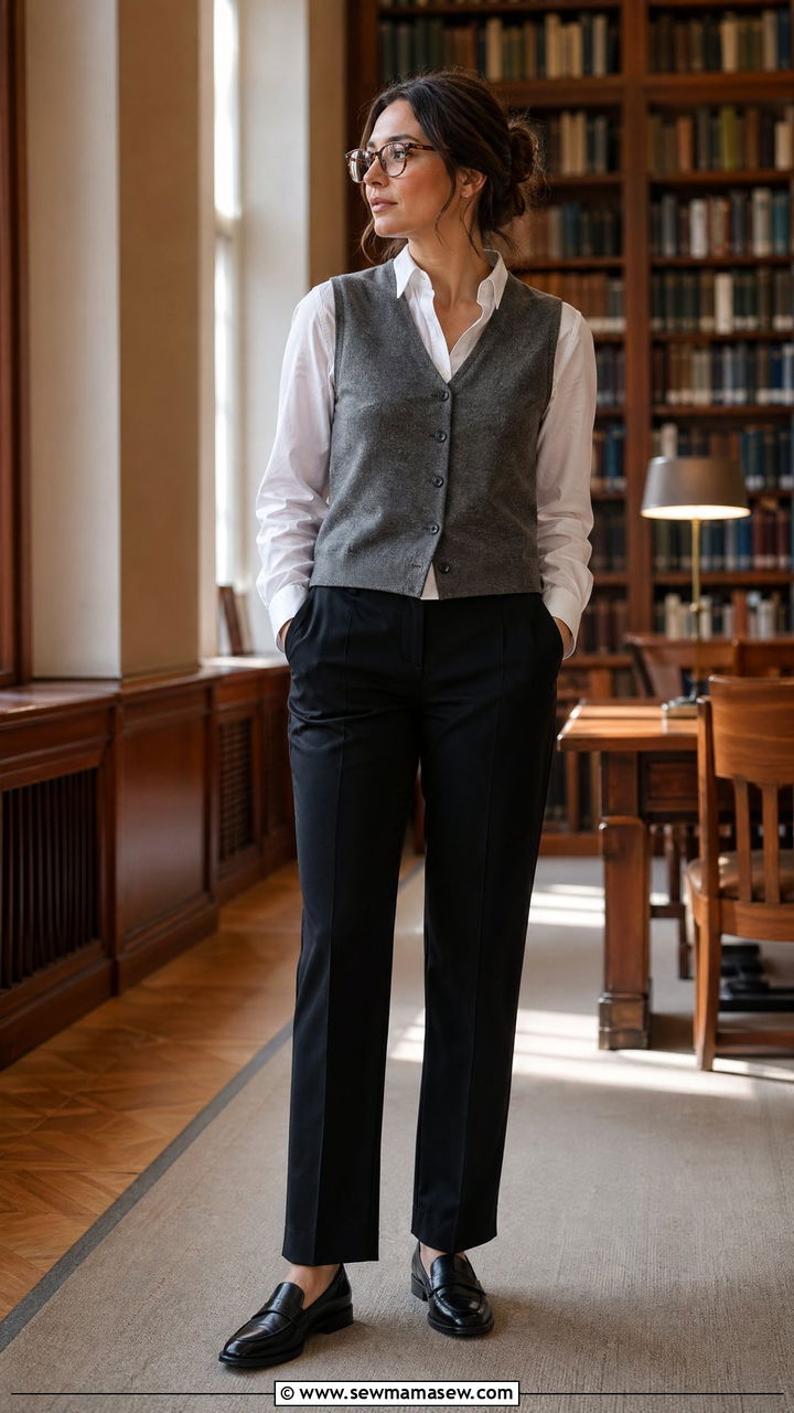 White Button Down With Wool Vest Top And Black Suit Pants - 35 College professor outfit ideas