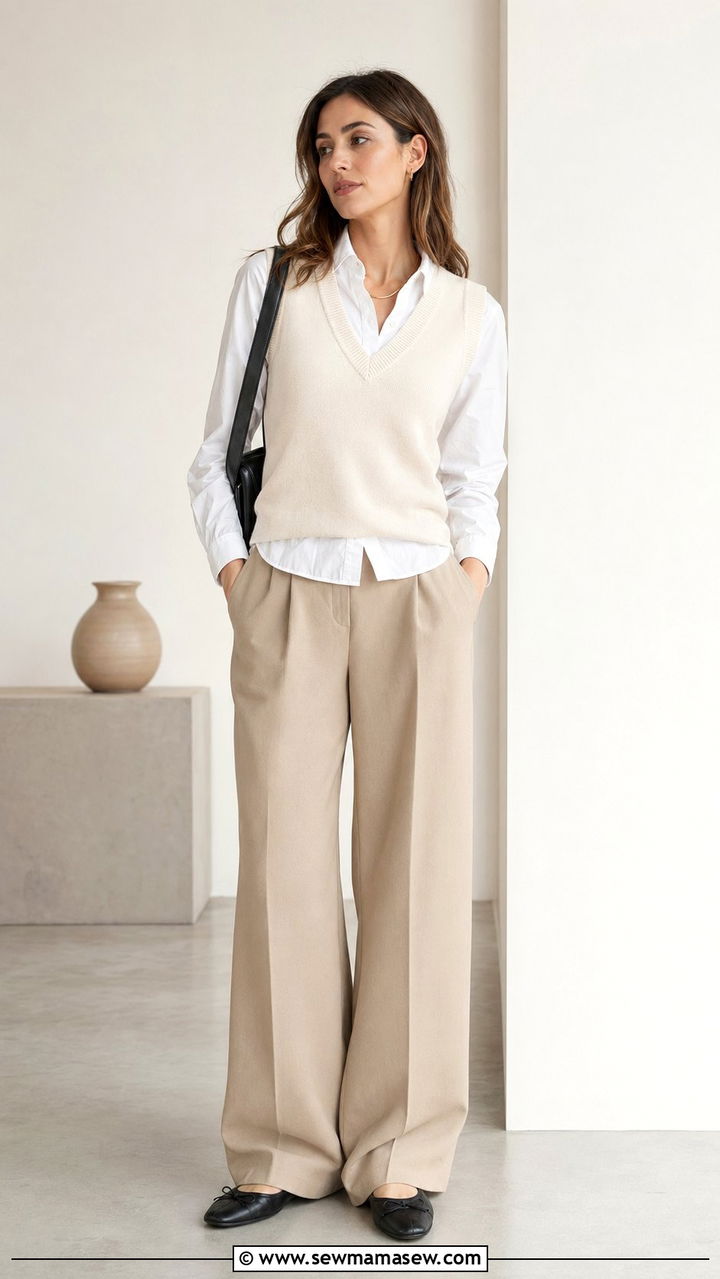 White Button Down With a Knit Vest and Relaxed Trousers - 30 50 degree weather outfits