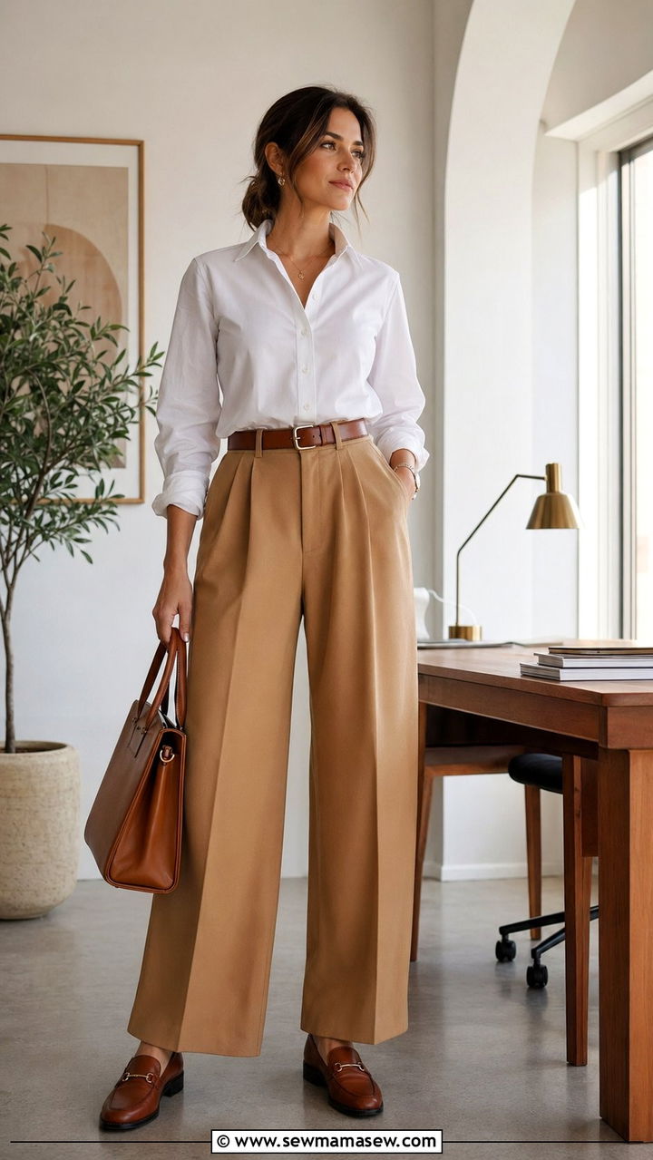 White Button Down and Camel Wide Leg Trousers - 35 Quiet luxury work outfits
