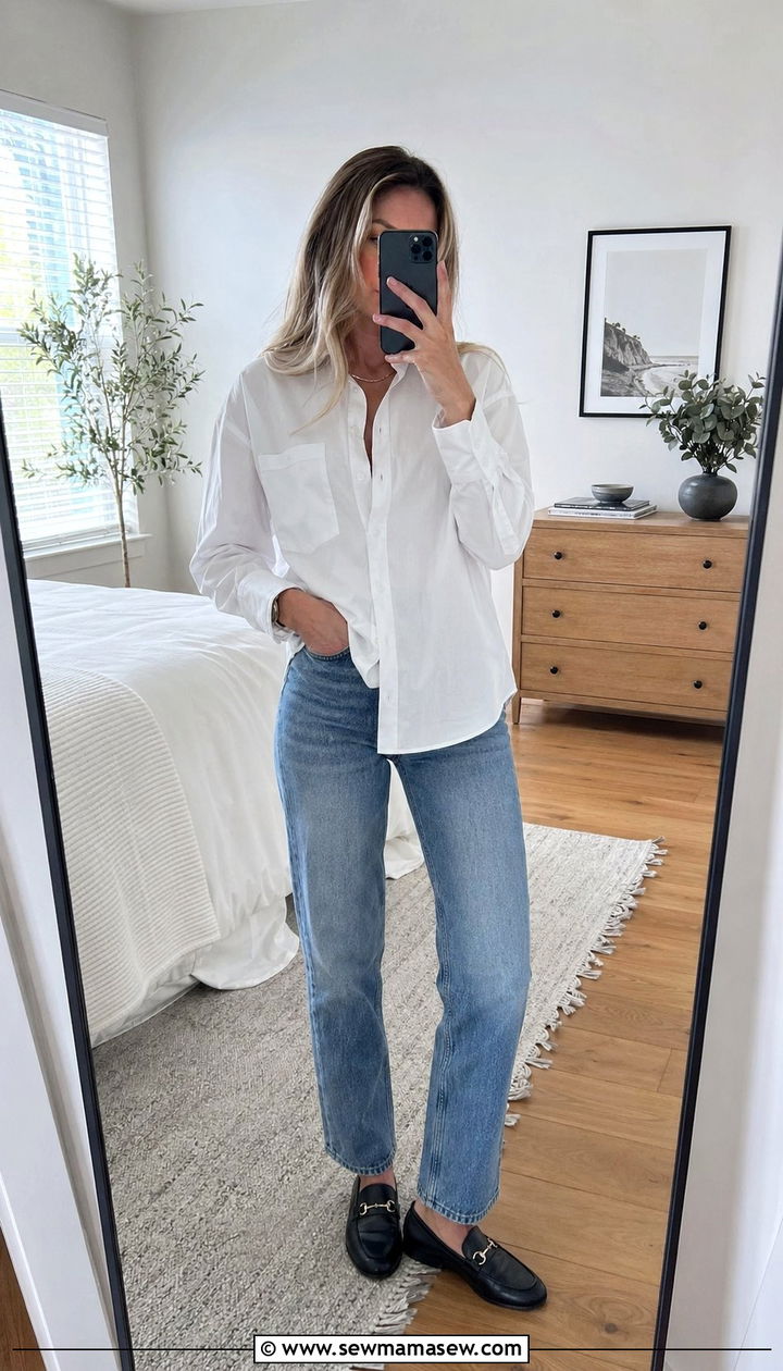 White Button Down and Jeans with Loafers Spring Capsule Outfit - 30 10 piece spring capsule wardrobe