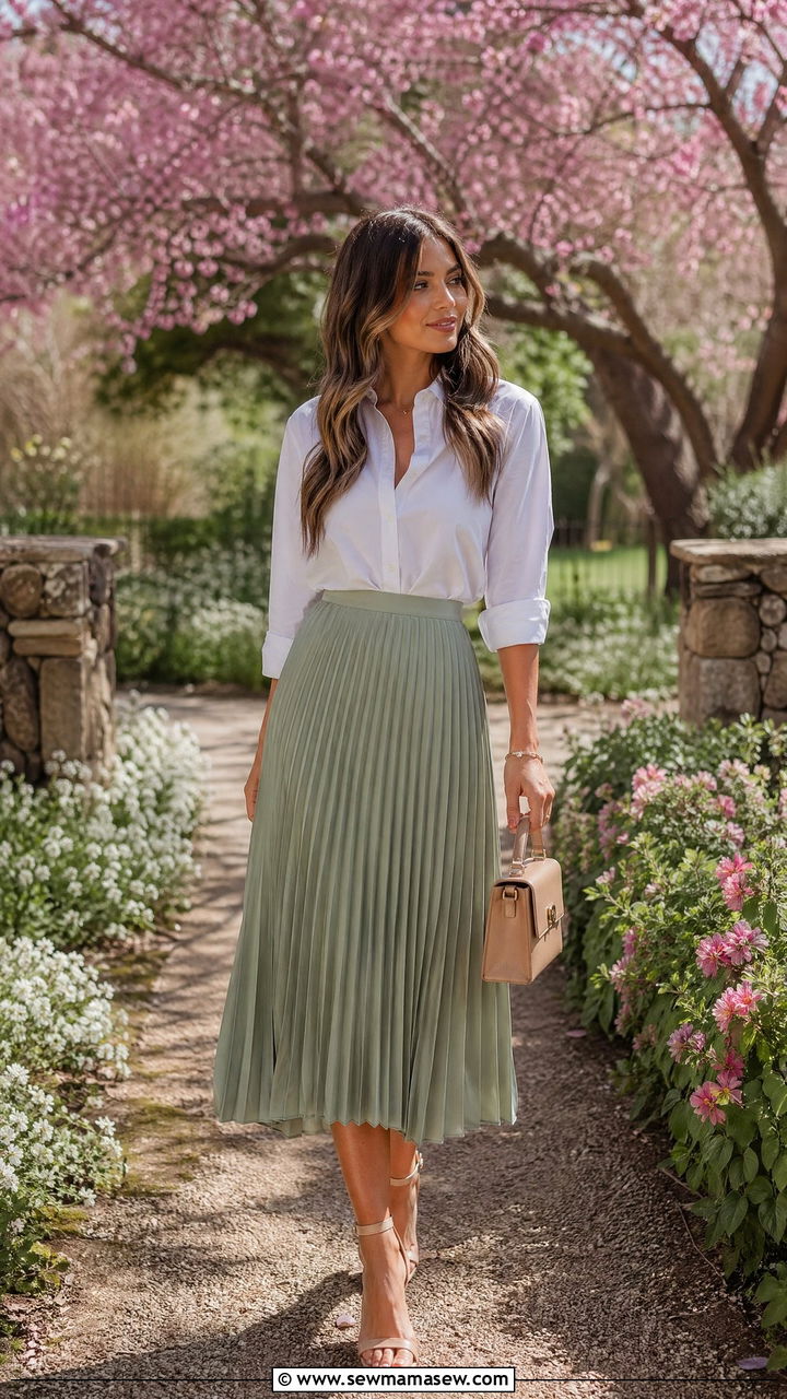 White Button Down and Midi Plisse Skirt Spring Outfit - 35 spring preppy outfit ideas