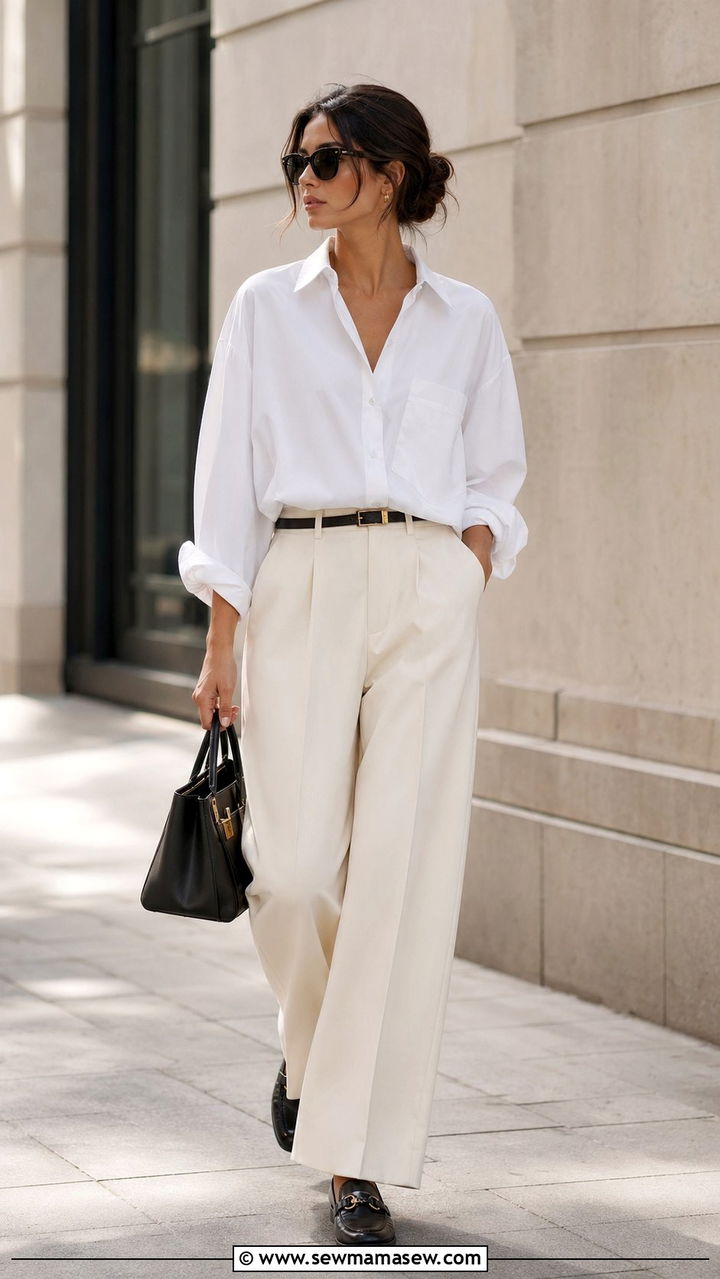 White Button Down and Wide Leg Trousers Outfit - 35 Outfit ideas for women in their 20s