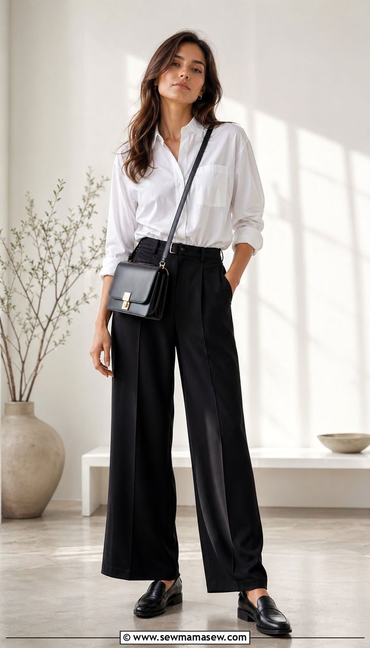 White Button Down and Wide Leg Trousers Spring Capsule Outfit - 30 10 piece spring capsule wardrobe