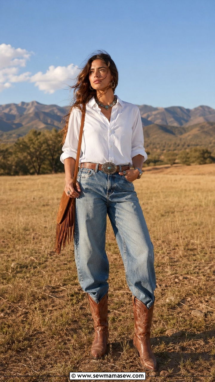 White Button Down with Baggy Jeans and Cowboy Boots - 30 Baggy jeans outfit ideas with a button down