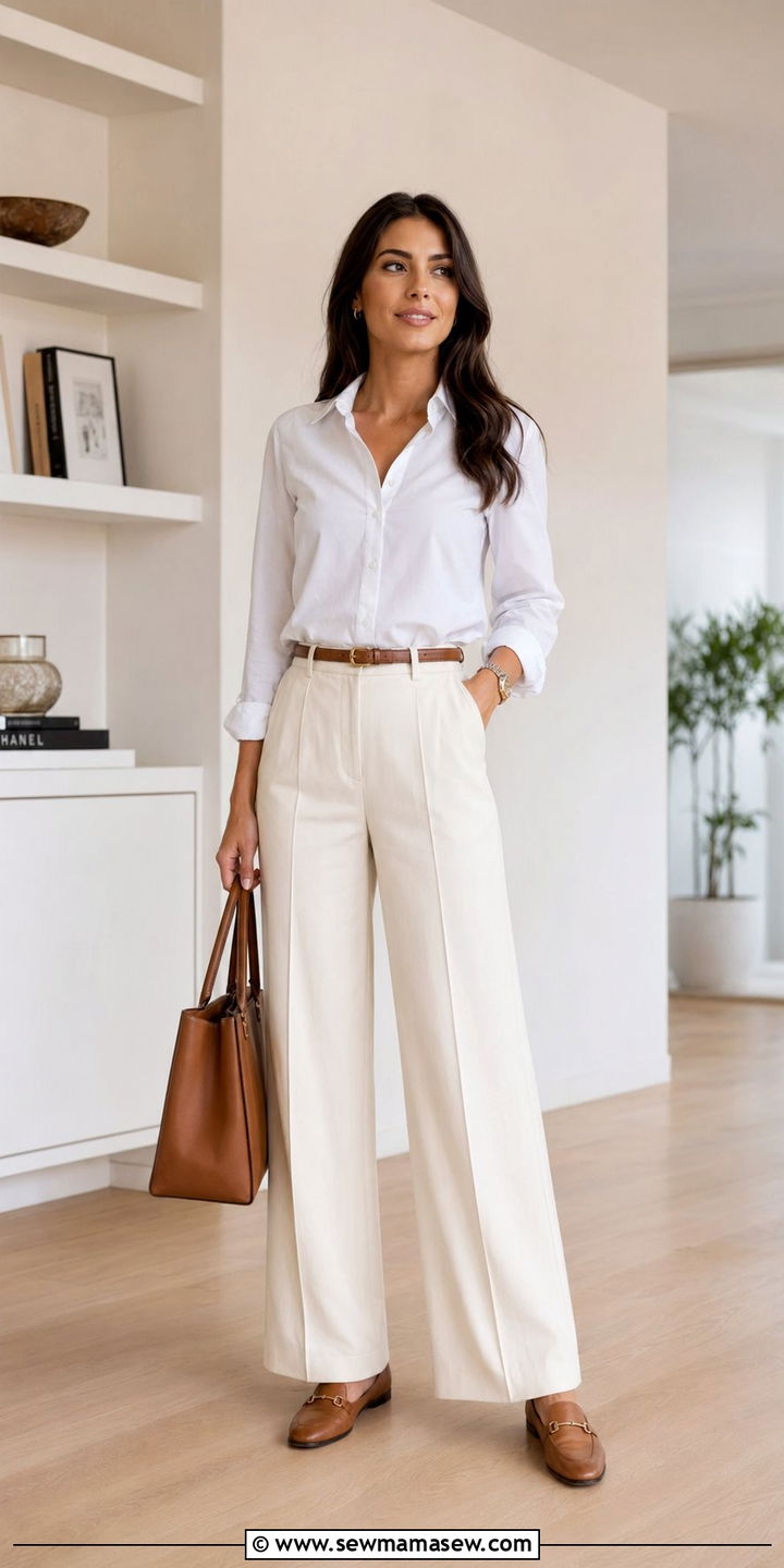 White Button Down with Cream Wide Leg Pants - 35 Old money spring outfits