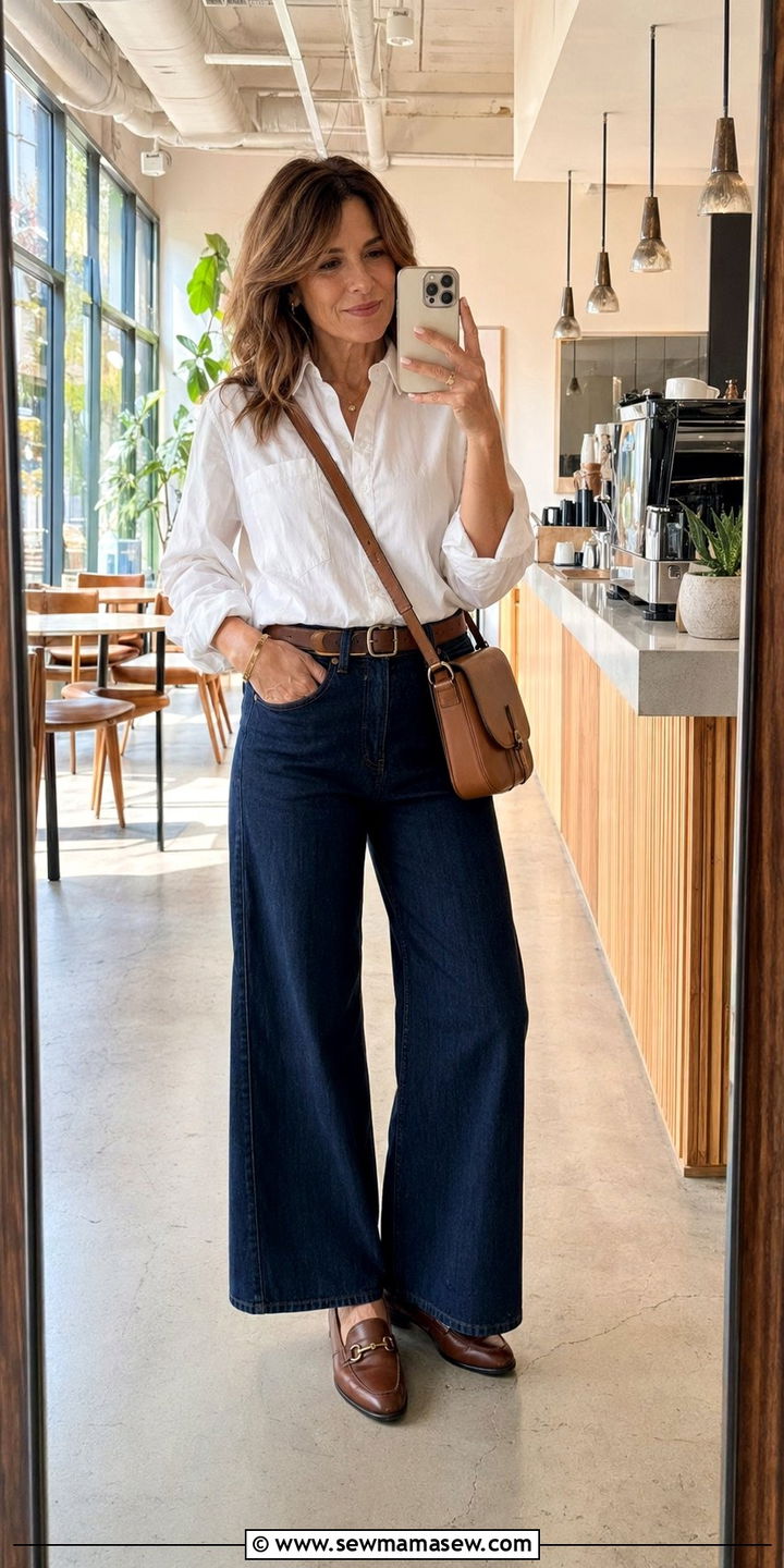 White Button Down with Dark Blue Wide Leg Jeans - 30 Wide leg jeans outfit ideas for women over 40