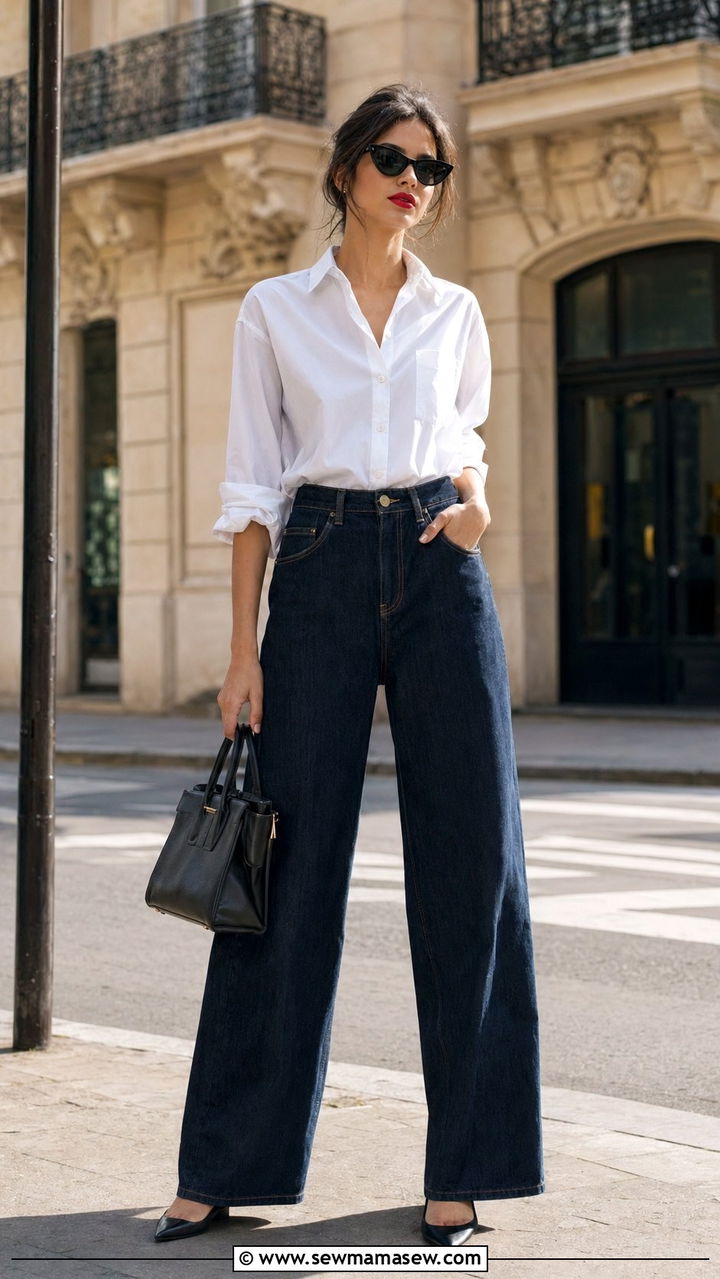 White Button Down with Dark Wash Baggy Jeans and a Red Lip - 30 Baggy jeans outfit ideas with a button down