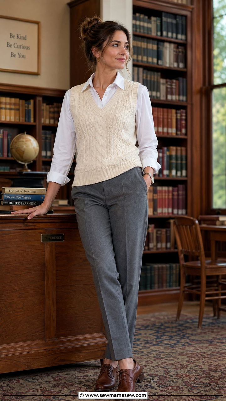 White Button Down with Sweater Vest and Tailored Trousers - 35 teacher outfit ideas for women
