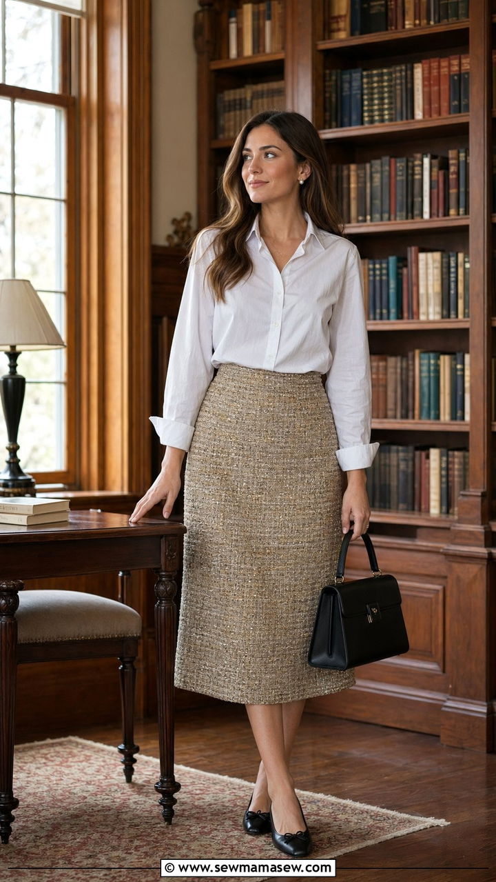 White Button Down with Tweed Midi Skirt - 35 Modest outfit ideas old money