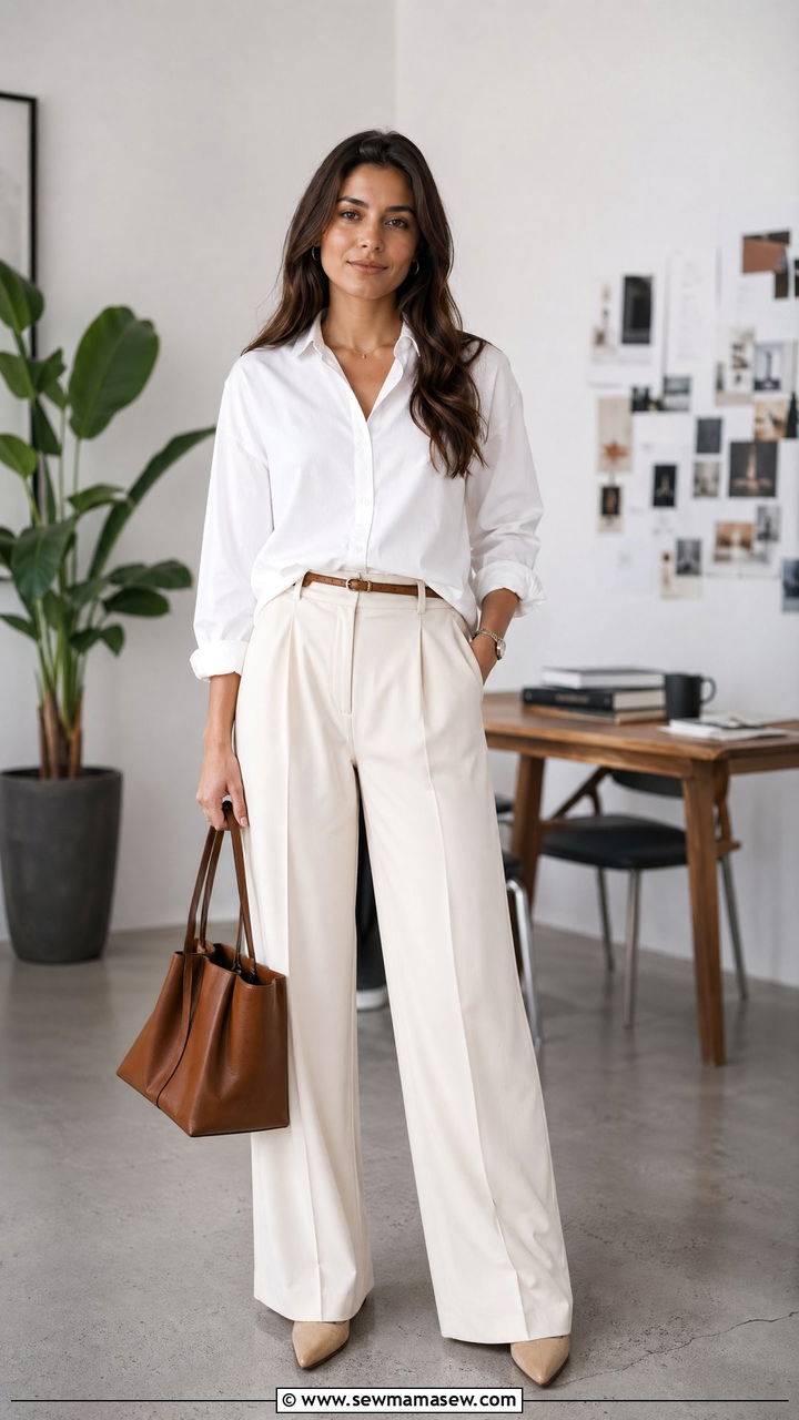 White Button Down with Wide Leg Trousers - 35 cute outfit ideas for women
