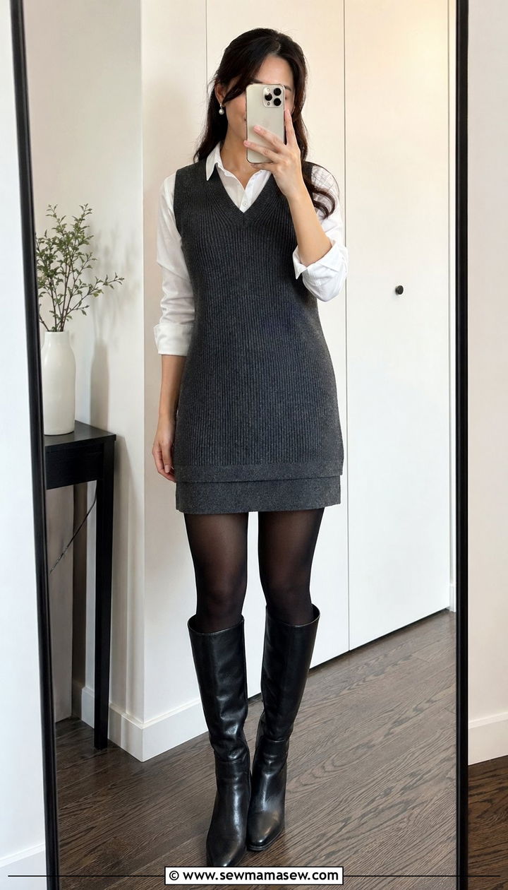 White Button Up Shirt Under Sleeveless Sweater Dress - 30 Back to school outfit ideas modest 2026