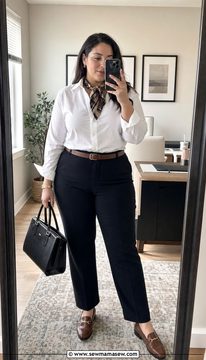 White Button Up Shirt with Black Tailored Trousers - 30 Work outfits for curvy women