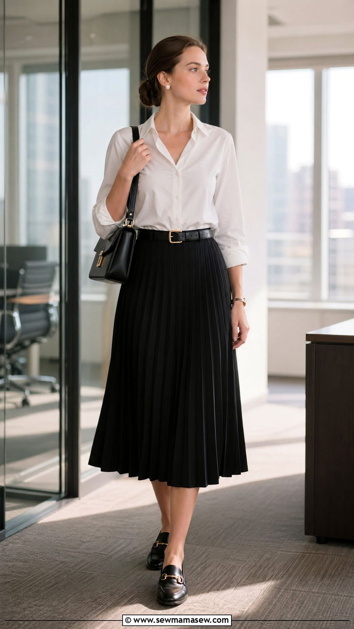 White Button Up Shirt with Pleated Midi Skirt and Loafers - 35 classy old money outfits