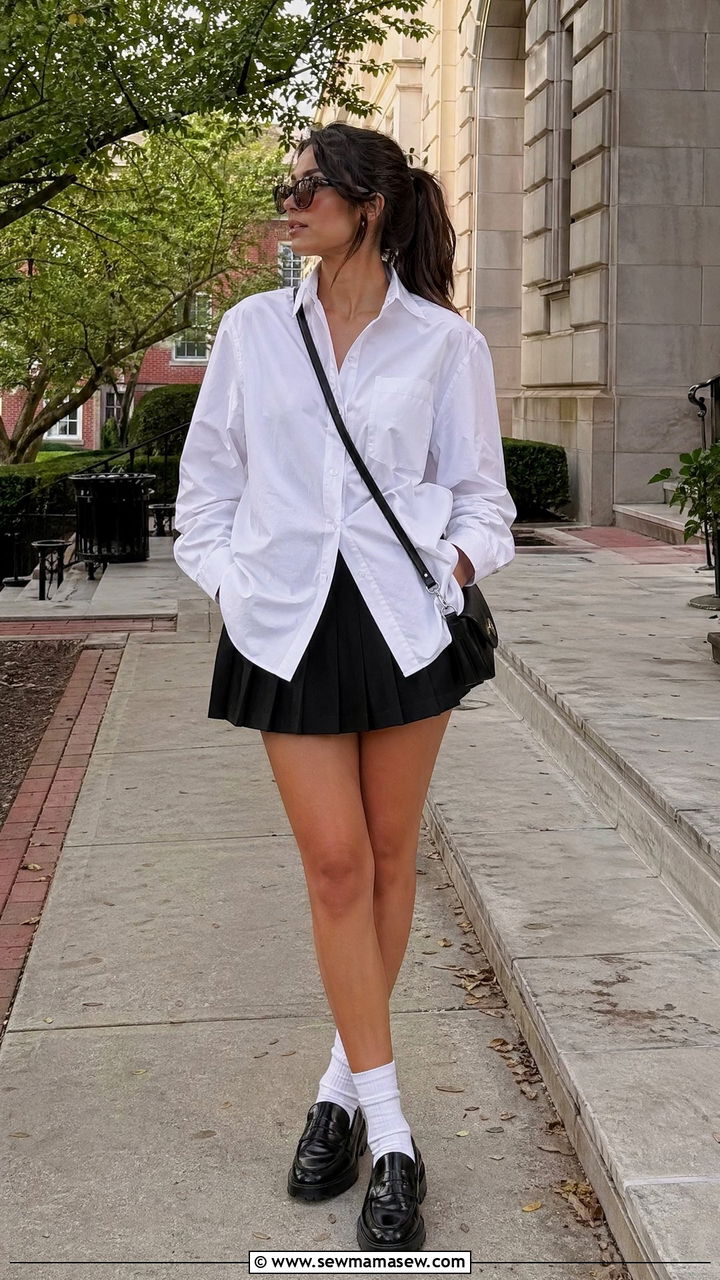 White Button Up and Pleated Mini Skirt - 35 cute outfits ideas