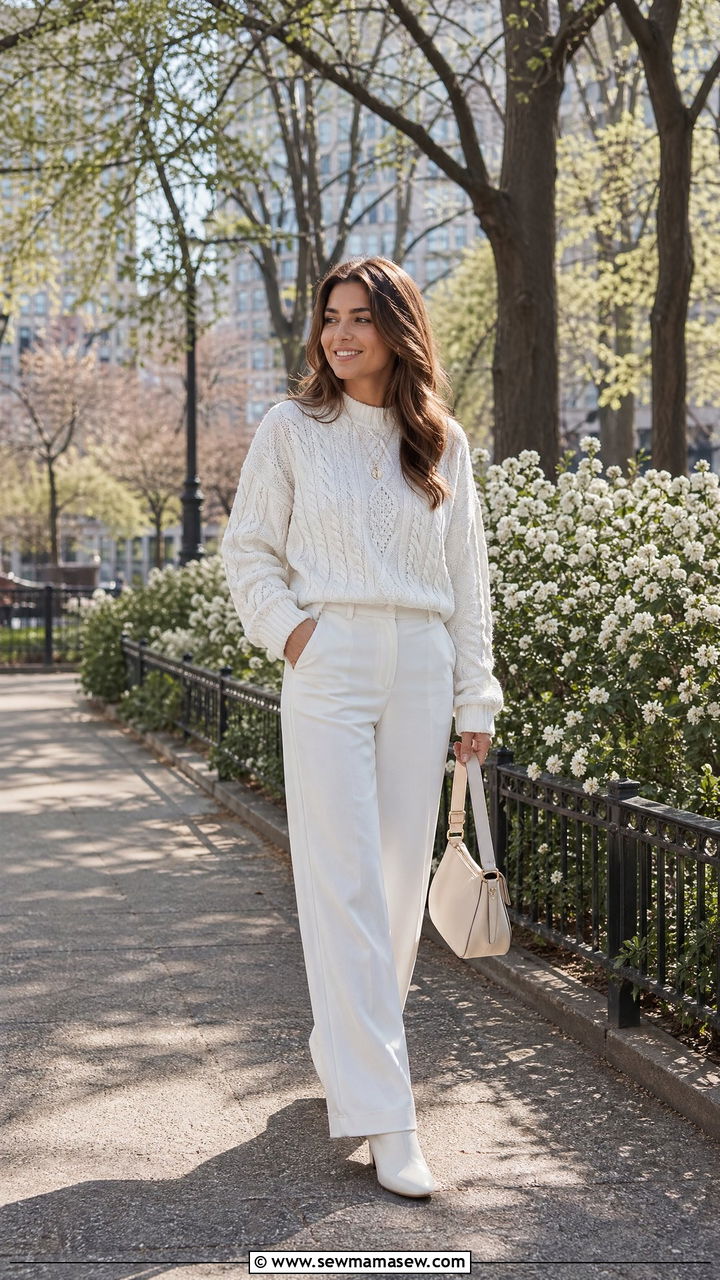 White Cable Knit Sweater and White Wide Leg Trousers - 35 spring all white outfit ideas
