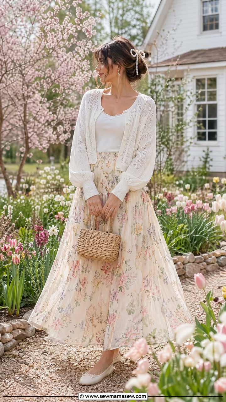 White Cardigan With Floral Maxi Skirt And Ballet Flats - 35 cottagecore outfits for women
