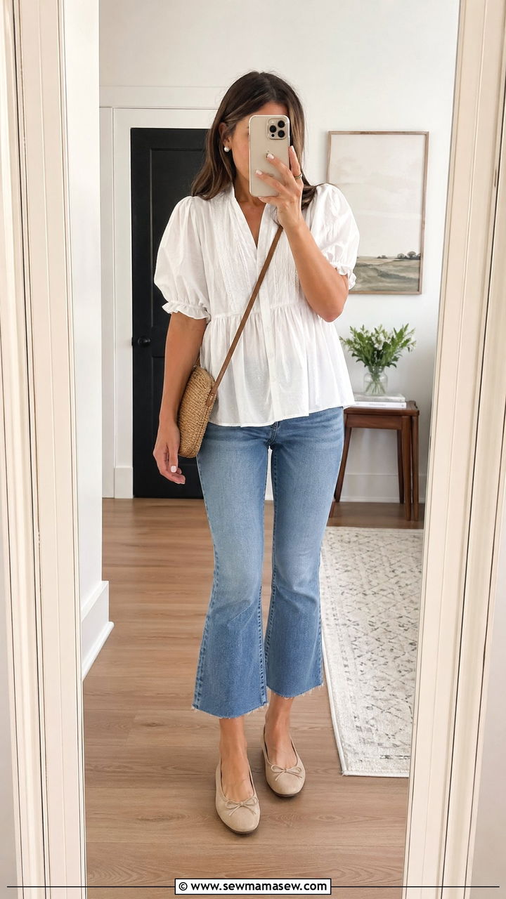 White Cotton Blouse with Cropped Kick Flare Jeans - 35 Summer transition outfits for women