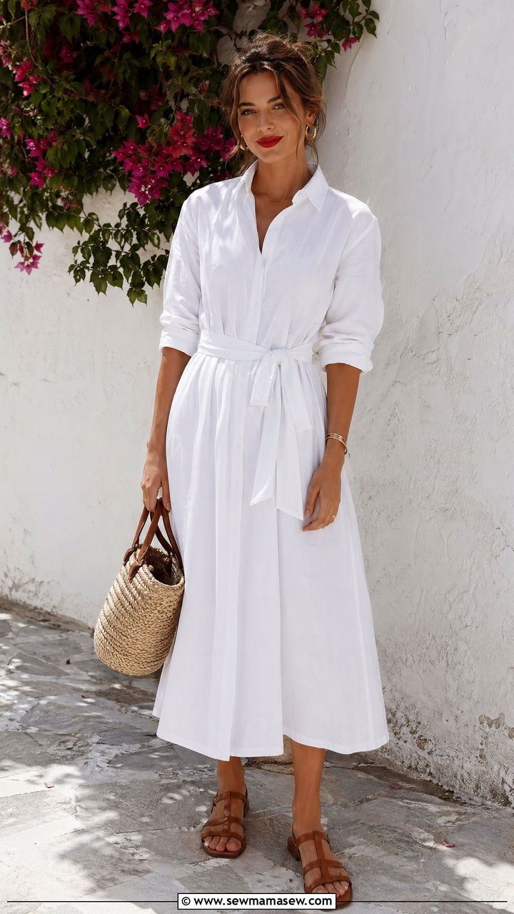 White Cotton Dress With Leather Sandals And Red Lip - 35 Spring Greece outfit ideas