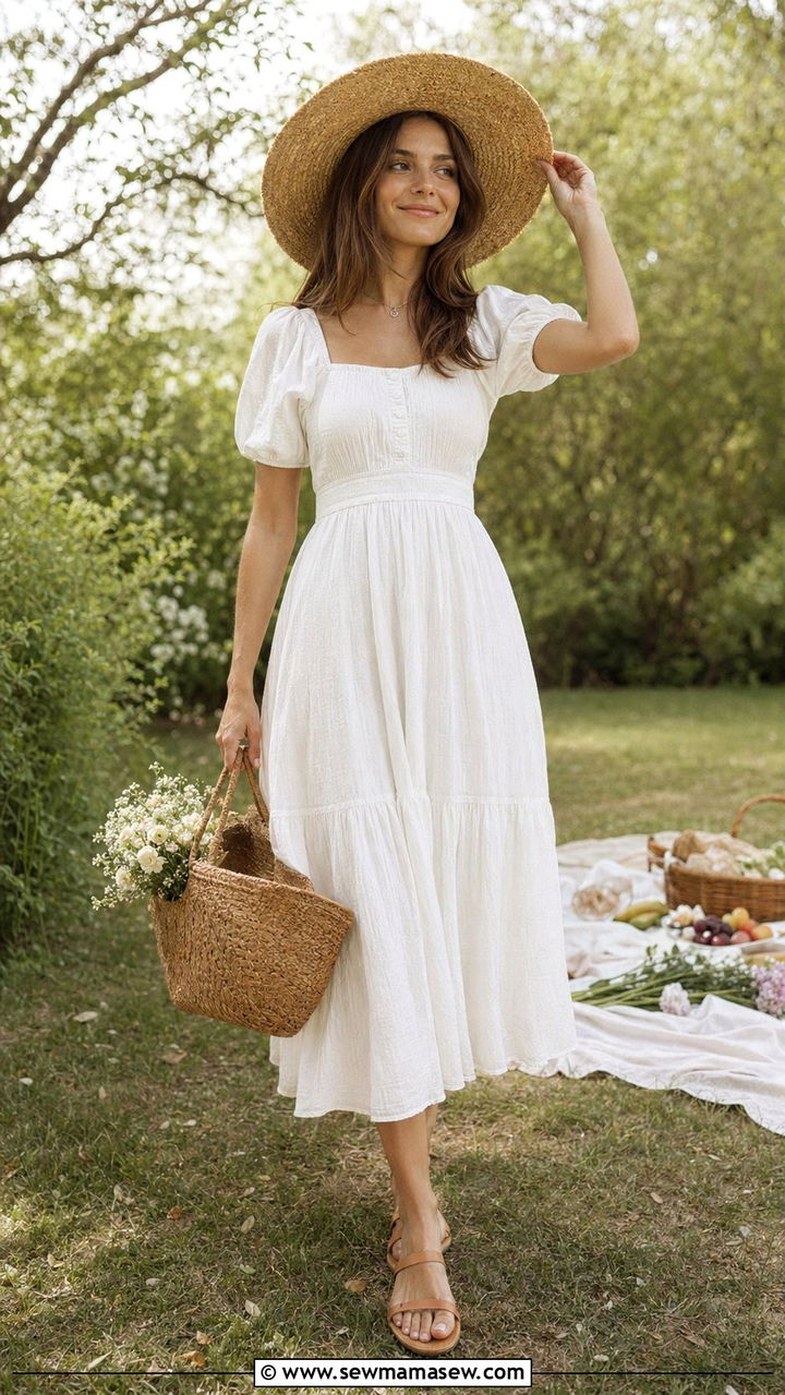White Cotton Dress With Straw Hat And Basket Bag - 35 Romantic spring outfits