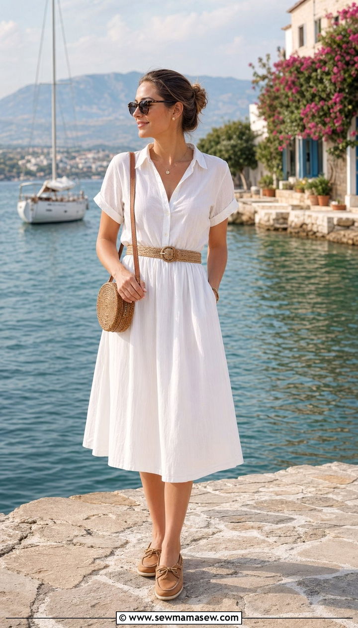 White Cotton Dress and Boat Shoes Outfit - 30 70 degree weather outfits