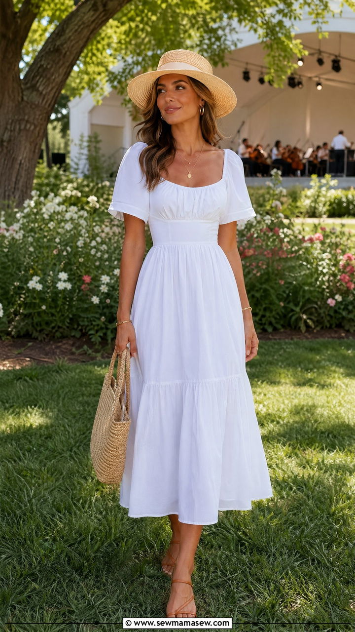 White Cotton Dress with Straw Hat - 35 spring concert outfit ideas