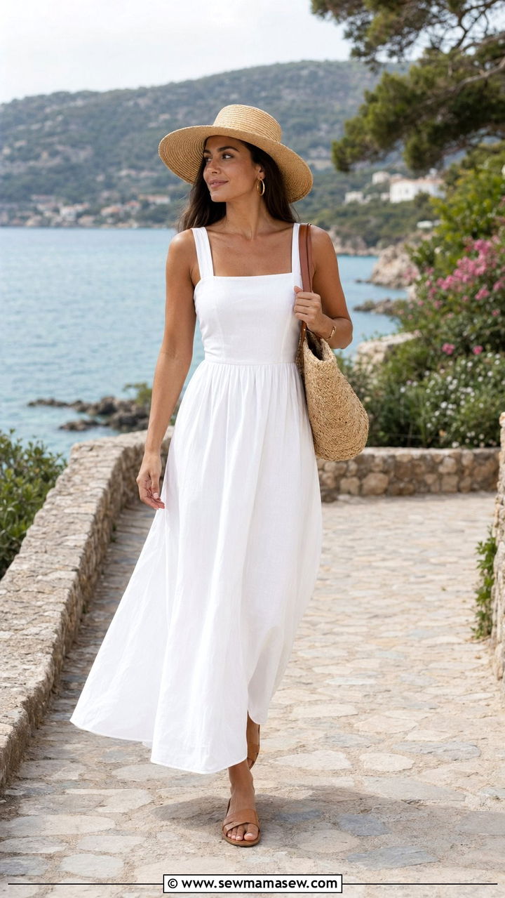 White Cotton Maxi Dress with Straw Hat - 30 White outfit ideas for summer travel