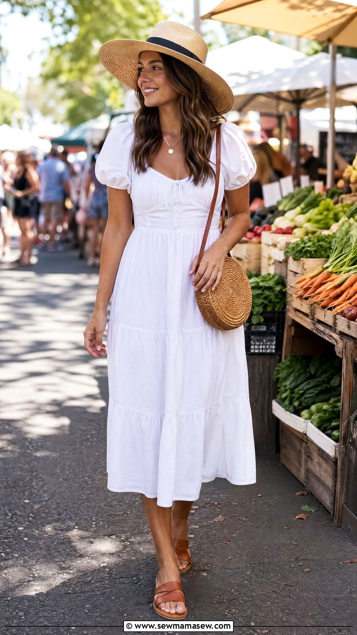 White Cotton Midi Dress With Flat Tan Sandals - 35 Summer outfits with midi dresses