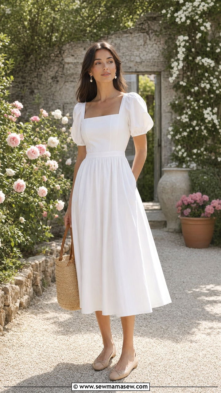 White Cotton Midi Dress with Ballet Flats - 35 Old money brunch outfit ideas