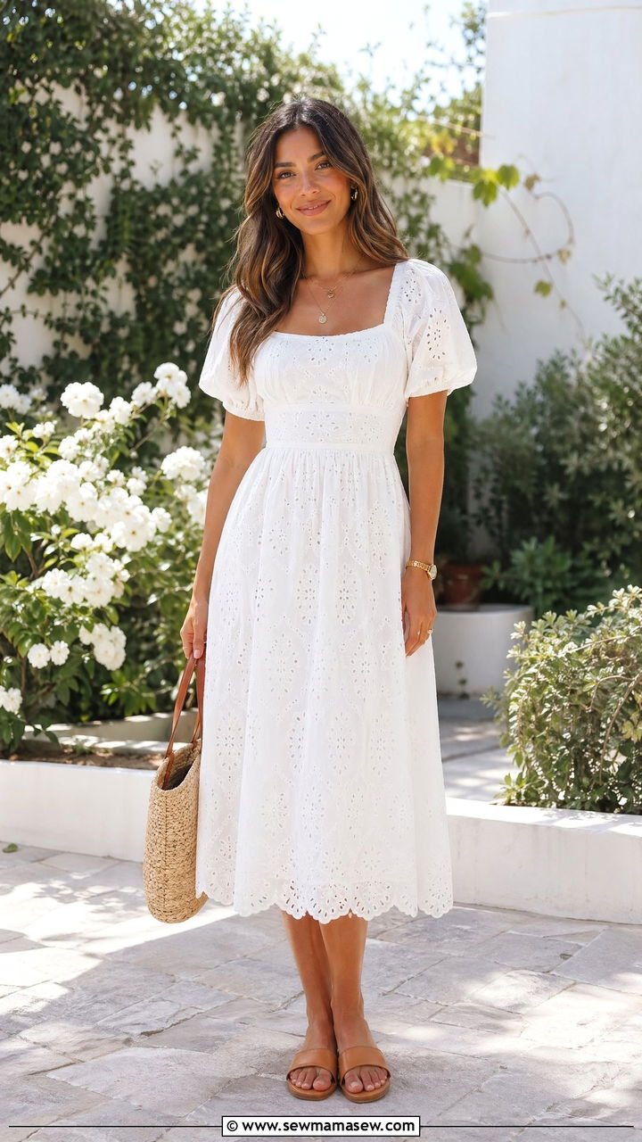 White Cotton Midi Dress with a Woven Bag and Slide Sandals - 35 summer outfit ideas casual