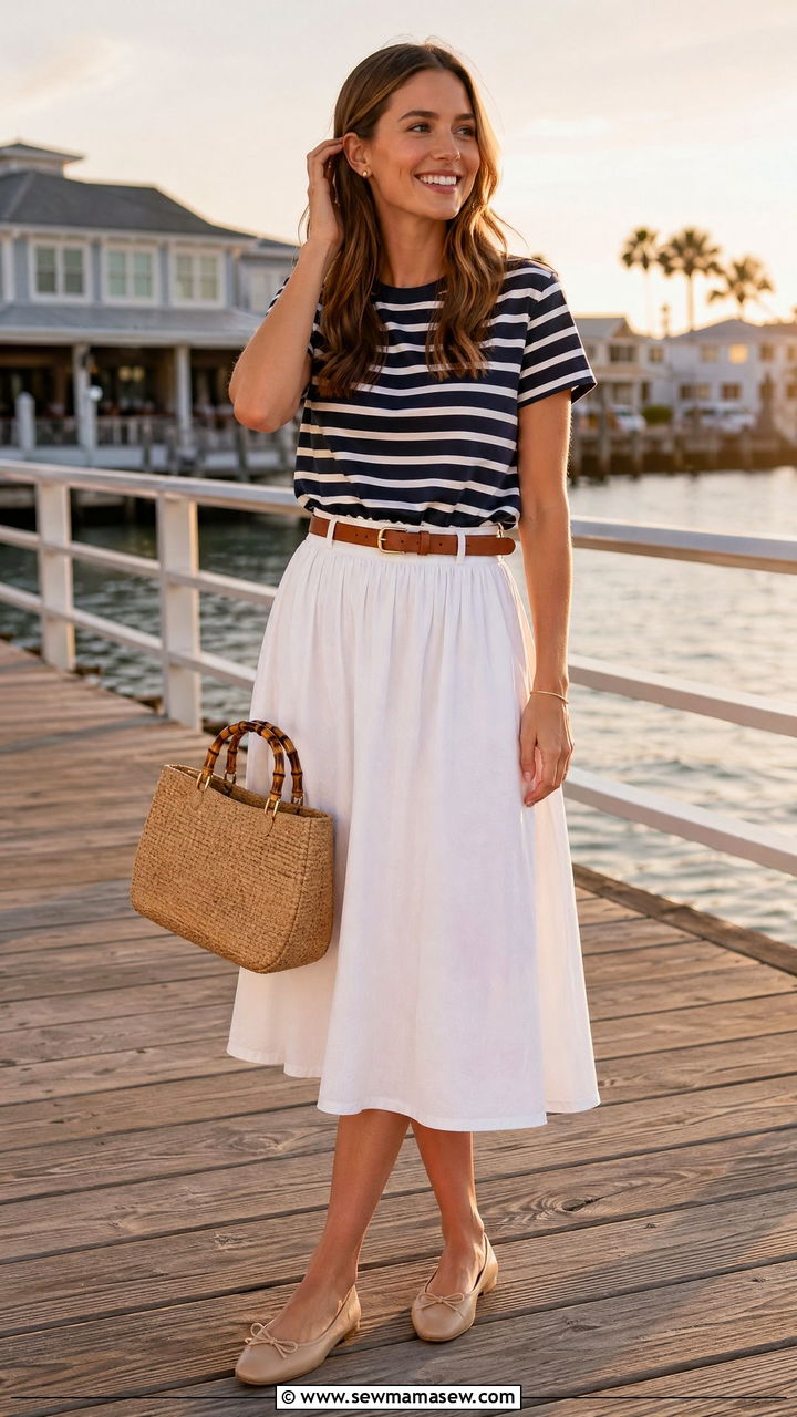 White Cotton Midi Skirt and Navy Striped Tee - 35 summer coastal grandmother outfit ideas
