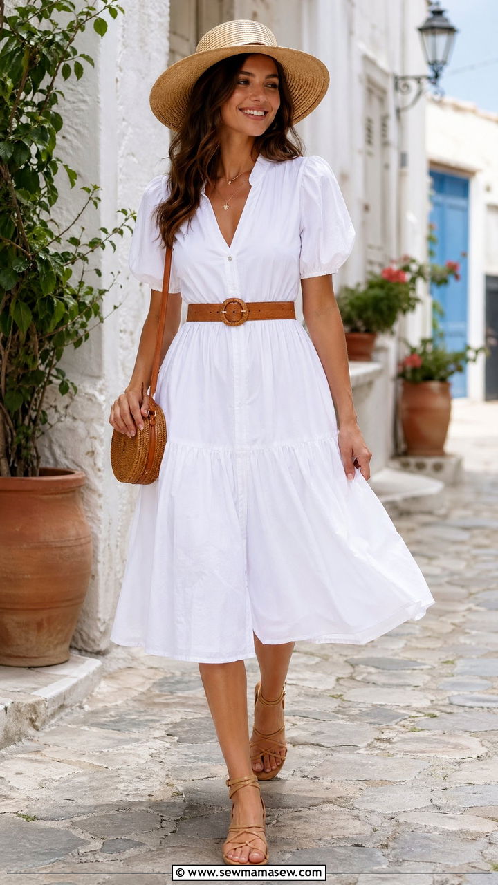 White Cotton Poplin Dress With Tan Accessories - 35 Classy spring outfit ideas 2026