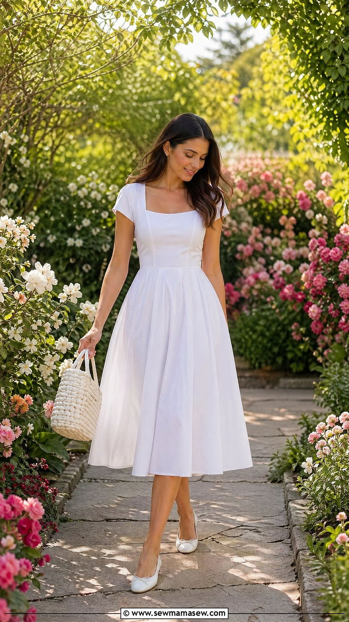 White Cotton Poplin Midi Dress with Ballet Flats - 35 spring all white outfit ideas