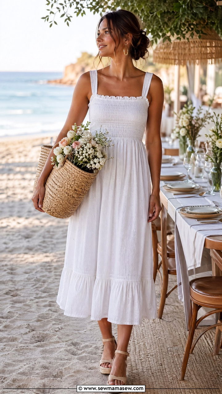 White Cotton Sundress With Espadrilles And Straw Tote - 35 cottagecore outfits for women