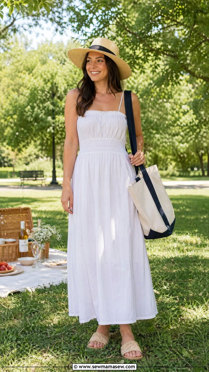 White Cotton Sundress With Woven Slide Sandals - 35 summer minimalist outfit ideas
