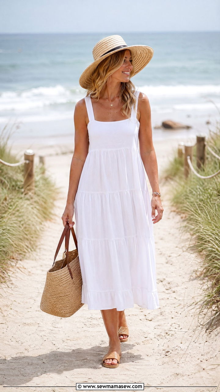 White Cotton Sundress and Raffia Sandals - 35 summer coastal grandmother outfit ideas