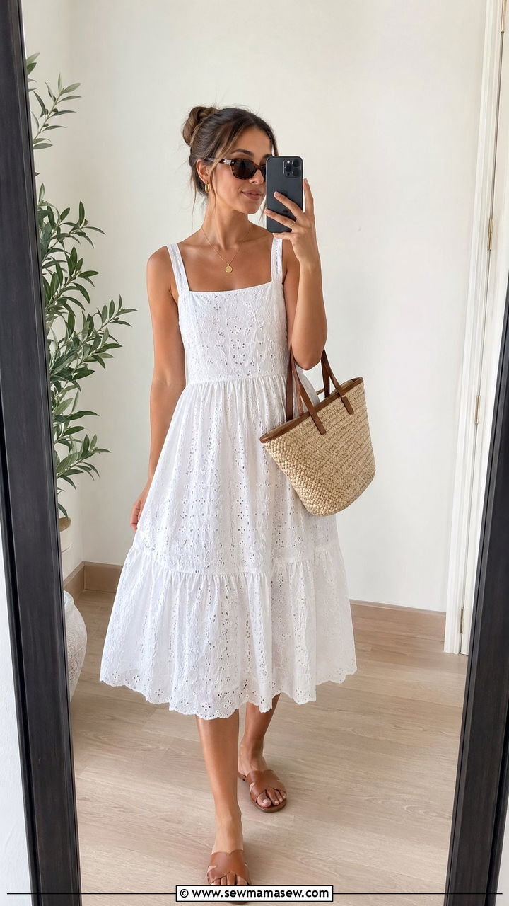 White Cotton Sundress with Flat Sandals - 35 summer street style outfit ideas