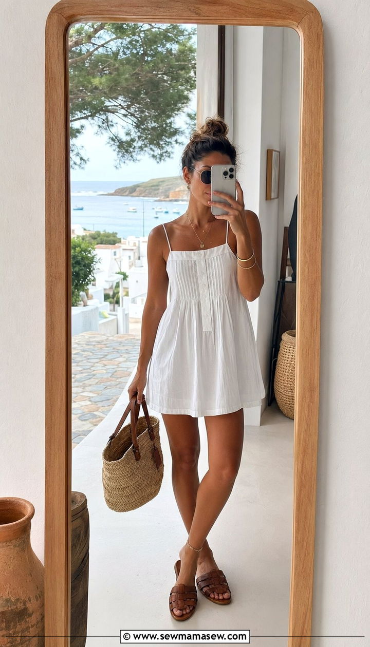 White Cotton Sundress with Woven Sandals - 30 White outfit ideas for summer travel