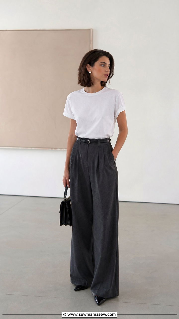 White Crewneck Tee And High Waist Trousers - 35 classy 90s outfits