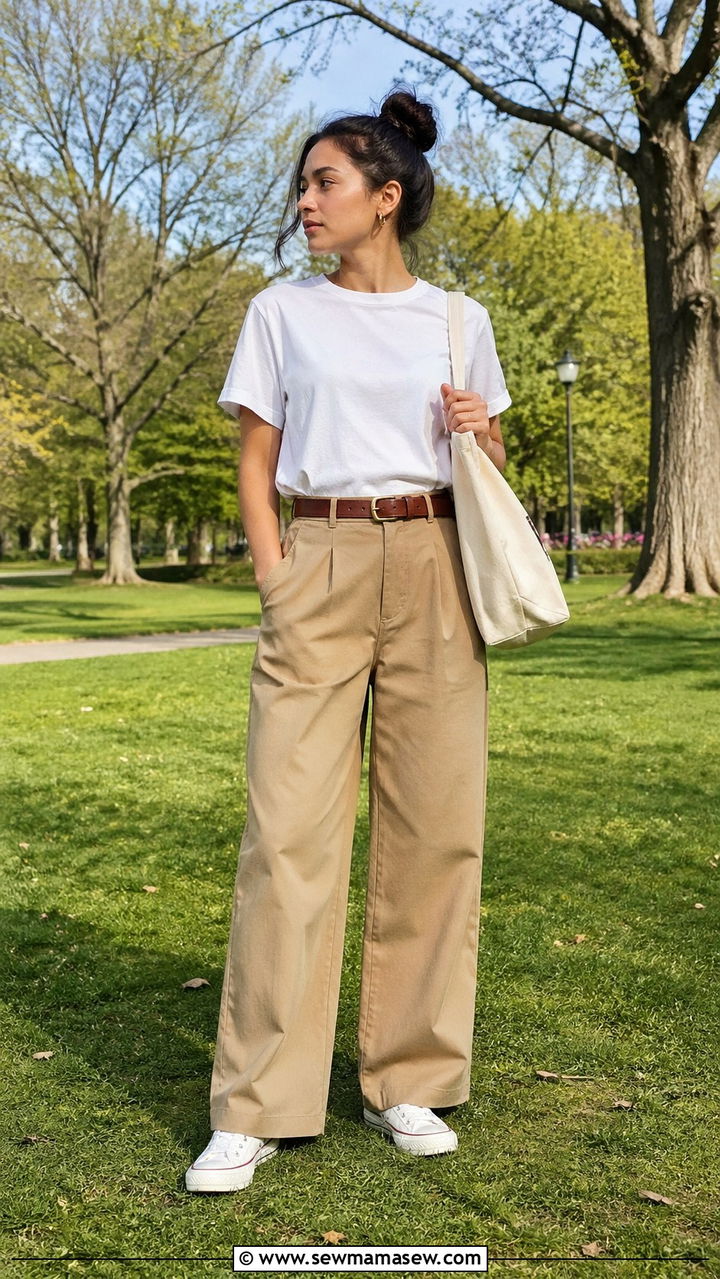 White Crewneck Tee And Khaki Wide Leg Chinos - 30 Spring capsule wardrobe minimalist